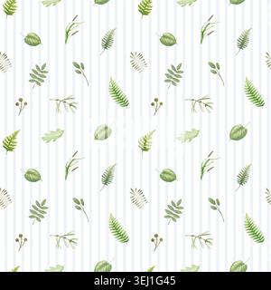 Botanisches nahtloses Muster mit zarten Waldblättern, Farnen auf Streifenhintergrund. Handgemalte Aquarellillustration Natur Textur Element. Stockfoto