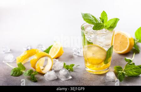 Hausgemachte erfrischende Sommerlimonade mit Zitronenscheiben, Minzblättern und Eis im Glas. Stockfoto