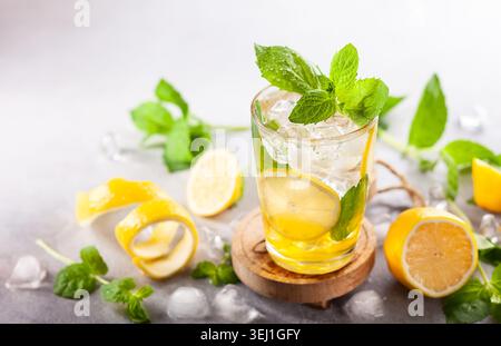 Hausgemachte erfrischende Sommerlimonade mit Zitronenscheiben, Minzblättern und Eis im Glas. Stockfoto