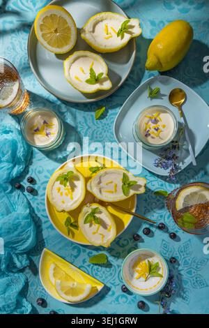 Köstliches Zitronen-posset-Dessert serviert in Schälbooten mit Pfefferminze und Schale Stockfoto