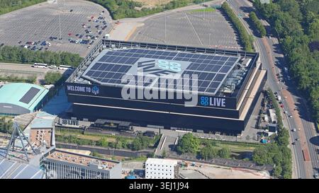 Luftaufnahme der Co-op Live Indoor Arena in Manchester, der größten in Großbritannien. Auf dem Etihad Campus neben dem City of Manchester Stadium Stockfoto