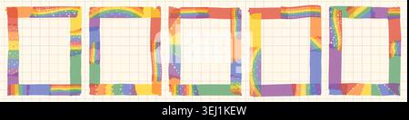 Rainbow Vector Washi Tape Scrapbook Papierrahmen mit Glitzern, LGBT zerrissene Masking Tape Stücke Grenzen, bunte Stolz Monat Journal und Planer Graphik Stock Vektor