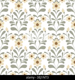 Blumen, Knospen und Blütenblätter in einem nahtlosen Muster. Vektorabbildung. Das Muster blühender Gräser und Zweige ist auf weißem Hintergrund isoliert. Stock Vektor