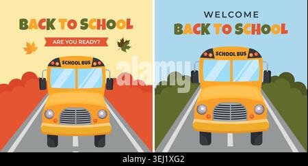 Set aus quadratischen Vektor-Back-to-School-Bannern mit Schulbus auf der Straße für Websites, soziale Medien und Unterrichtsdekoration. Stock Vektor