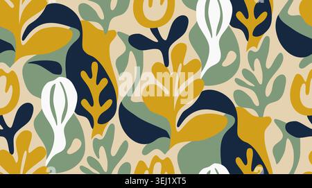 Modernes abstraktes, nahtloses botanisches Muster mit organischen Blattformen in Grün, Marineblau und Gelb. Ideal für Boho-Wohnkultur, moderne Verpackung Stock Vektor