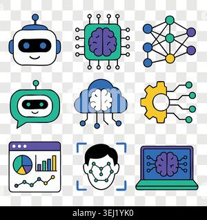 KI- und digitale Technologiesymbole mit neuronalen Netzwerken, virtuellen Assistenten und intelligenten Datenverarbeitungselementen für futuristische Software und Stock Vektor