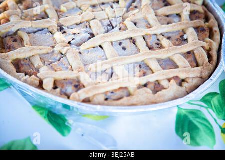 Gebackener Apfelkuchen mit goldener Kruste und würziger Füllung auf Blumentuch Stockfoto