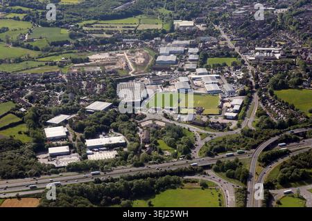Aus der Vogelperspektive auf Hunsworth, Cleckheaton, West Yorkshire in der Nähe der Kreuzung der Autobahnen M62 und M606. Von Norden aus Richtung Süden über die M62 Stockfoto