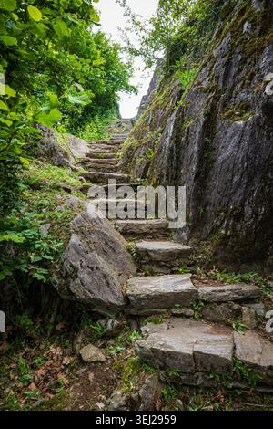 Eine alte verwitterte Steintreppe führt steil auf einen Hügel, flankiert von natürlichen Felswänden, die mit Moos und lebhaften grünen Bäumen bedeckt sind Stockfoto