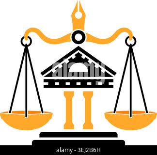 Recht und Ordnung. Schutzlogotype mit Waage von Gerechtigkeit, Gericht und Stift. Flache Symbole für Poster, Website, Werbung, Logo. Isolierte ve Stock Vektor