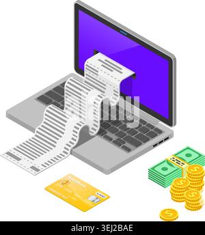 Laptop mit Scheck, Kreditkarten und Geld. Internet-Shopping und elektronische Online-Zahlungen Konzept. Isometrische Symbole. Isolierte Vektordarstellung Stock Vektor