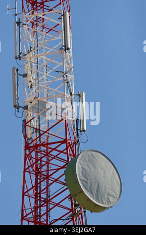 Gitterfernmeldemast mit Panelantennen und einer trommelförmigen Mikrowellenschüssel für den Punkt-zu-Punkt-Netzwerkrückbau. Stockfoto