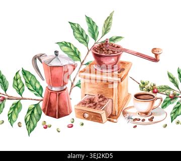 Nahtloser Rand mit Retro-Kaffeemühle, Kaffeemaschine und Kaffeezweigen. Eine isolierte Aquarellabbildung, die für das Innere eines Cafés geeignet ist Stockfoto