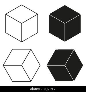 Isometrische Würfelsymbole, die im Vektor für Kontur- und Volumenkörperstile angezeigt werden. Grafik unterstützt Technologie-Logos und Branding-Projekte. EPS 10. Stock Vektor