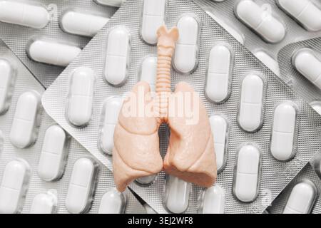 Menschliches Lungenmodell umgeben von Blisterpackungen und Pillen. Respiratorische Versorgung und pharmazeutische Behandlungskonzepte Nahaufnahme. Stockfoto