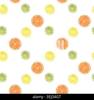 Nahtloses Muster mit Scheiben von Zitrusfrüchten: Orange, Zitrone, Limette. Runde Segmente, handbemalt mit Aquarell. Für Textilien, Dekor, Obstverpackungen Stockfoto