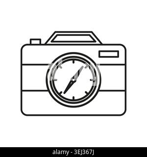 Kamera mit Kompassobjektiv symbolisiert kreative Fahrtrichtung. Symbol zeigt Orientierungshilfen und Erkundungen in Fotoprojekten an. Vektor-EPS 10. Stock Vektor
