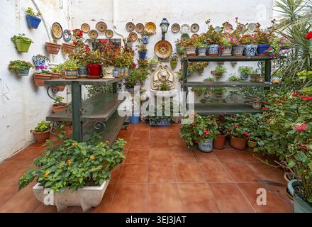 Eine lebendige Terrasse mit grünen Topfpflanzen, blühenden Geranien und dekorativen Keramikplatten, die auf weiß getünchten Wänden um einen Steinlöwen montiert sind Stockfoto