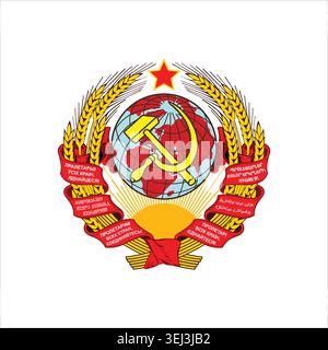 Das offizielle Wappen der Sowjetunion (UdSSR) zeigt den legendären goldenen Hammer und die Sichel, die auf einer von Riemenscheiben eingerahmten Globe überlagert sind Stock Vektor