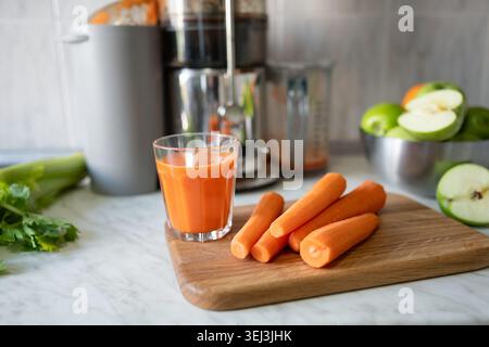 Glas hausgemachter Karottensaft mit frischen Karotten Äpfeln Sellerie und Entsafter in moderner Küche gesunder Lebensstil Konzept. Stockfoto