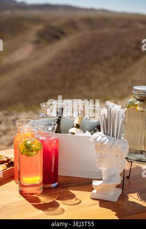 Ein Holztisch im Freien zeigt farbenfrohe Fruchtaufgüsse in Glaskaraffen, eine weiße Kiste mit Wein und eine klassische Büste mit Papierhalmen Stockfoto