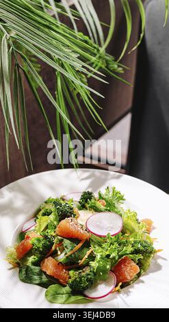 Essen, Ein farbenfroher Salat mit frischem Gemüse, Brokkoli, Radieschen und Zitrusfrüchten ist wunderschön auf einem Teller angeordnet. Üppiges Grün im Hintergrund fügt hinzu Stockfoto