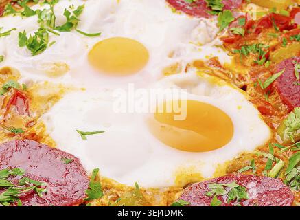Essen, zwei sonnige Eier mit der Seite nach oben kochen neben farbenfrohem Gemüse und Würstchen, garniert mit frischen Kräutern. Dieses herzhafte Gericht bringt Wärme und fla Stockfoto