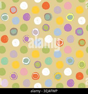 Handgezeichnete Grafik mit nahtlosem Muster und verspielten Kreisen in verschiedenen Farben. Das Ornament zeigt zufällige, schlampige Punkte in minimalem geometrischem Stil. Für Stockfoto