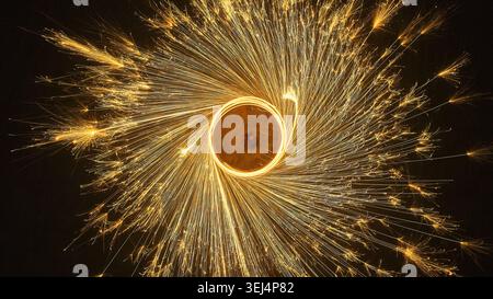 Aerial Steel Wool Spinning Sparks Boulder City Dry Lake Bed Top Down Night Stockfoto