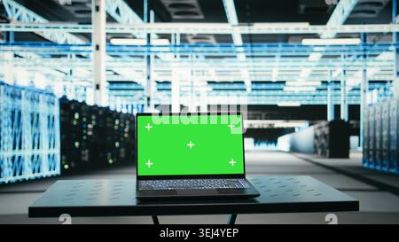 Laptop mit isoliertem Bildschirm im Rechenzentrum und Virtualisierung mit Augmented-Reality-Funktionen zur Verwaltung von Rackmount-Datenspeicher. Mockup-Notebook für die Erstellung eines digitalen Twin-Scans der Cloud-Computing-Serverfarm Stockfoto