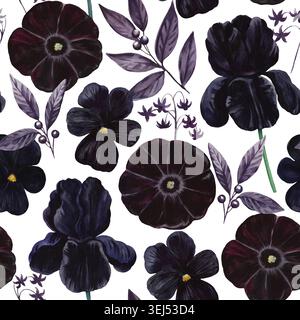 Gotisches Blumenmuster mit wasserfarbenen Samtblumen in Schwarz und Lila. Dunkles Textil und Design-Druck im viktorianischen Luxusstil. Stockfoto
