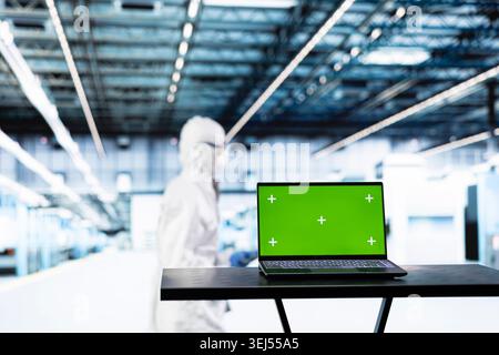 Laptop mit isoliertem Bildschirm, der vom SOC-Systemarchitekten in der Fertigung von CPU-Teilen verwendet wird. Microchips-Anlagenspezialist verfolgt Silicon-Wafer-Herstellungslose mit Chroma-Key-Notebook, Nahaufnahme Stockfoto