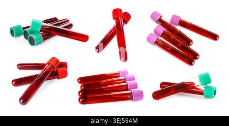 Reagenzgläser mit Blutproben isoliert auf weiß, Set Stockfoto