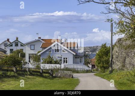 Helle schwedische Küstenhäuser auf der Insel Stora Dyron an der Küste von Tjorn, Schweden, mit roten Ziegeldächern und weißen Zäunen unter klarem blauen Himmel Stockfoto