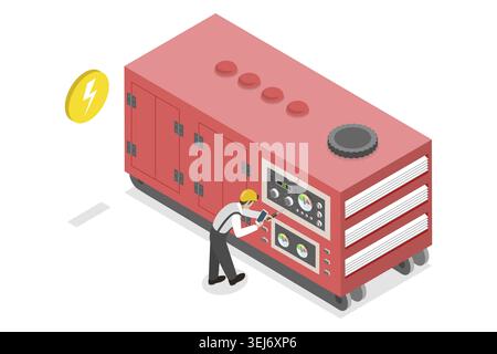 Isometrische flache 3D-konzeptionelle Darstellung von stationären industriellen Stromerzeugern, Energieerzeugungs- und Ersatzgeräten Stockfoto