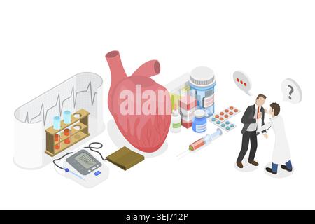 3D Isometrische flache konzeptionelle Darstellung des EKG-Kardiogramms, kardiovaskuläre Untersuchung mit Kardiogramm im Krankenhaus Stockfoto