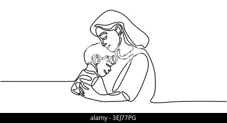 Kontinuierliche Linienzeichnung einer liebevollen Mutter, die ihr Kind umgibt Stock Vektor