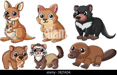 Vektor-Illustration von Känguru, Quokka, tasmanischen Teufel, Wombat, Frettchen, und Platypus im Cartoon-Stil Stock Vektor