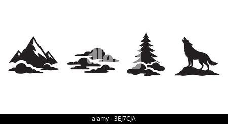 Black Silhouette Bergwald und Wolf Naturszene Stock Vektor