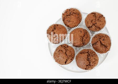 Frisch gebackene Schokoladen-Cupcakes auf weißem Hintergrund mit negativem Raum, horizontale flache Lay Stockfoto