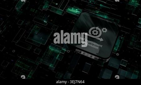KI-Chip mit Evolutionssymbol für Selbstverbesserung und maschinelles Lernen auf abstrakten digitalen Schaltungen für Innovationen bei Datenverarbeitung und Automatisierung Stockfoto