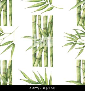 Aquarellgrün Bambus nahtloses Muster, handgezeichnete zarte Bambusstäbchen und Blätter wiederholendes Papier, Naturillustration Stockfoto