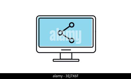 Desktop-Computer mit Share-Symbol auf dem Bildschirm: PC-Workstation für digitale Freigabe und Social-Media-Konnektivität, moderne Black-Line-Kunst mit Offs Stock Vektor