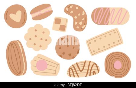 Cookie-Vektor-Set mit handgezeichneten süßen Keksen und Süßigkeiten isoliert auf weiß Stock Vektor