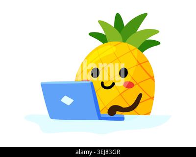 Flache Design-Illustration einer niedlichen Ananasfigur lächelnd während der Arbeit an einem blauen Laptop, isoliert auf weißem Hintergrund, Fernarbeit, freiberuflicher und Stock Vektor