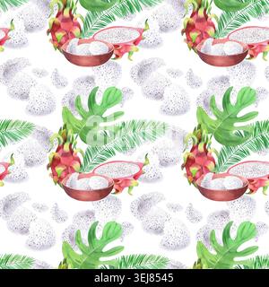 Nahtloses Muster der pitaya, Tonschale mit dem Fruchtfleisch von pitaya, Zellstoff, Monstera und Palmblättern. Aquarellabbildung. Für Verpackungsdesign Stockfoto