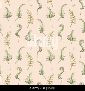 Niedliches Farnmuster Hinterlässt Nahtlose Muster. Aquarell Sommer Blumen Wald Illustration Hand gemalt isoliert auf beigem Hintergrund für Kinderzimmer Baby Kinder Design Stockfoto
