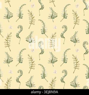 Niedliches Farnmuster Hinterlässt Nahtlose Muster. Aquarell Sommer Blumen Wald Illustration Hand gemalt isoliert auf gelbem Hintergrund für Kinderzimmer Baby Kinder desig Stockfoto