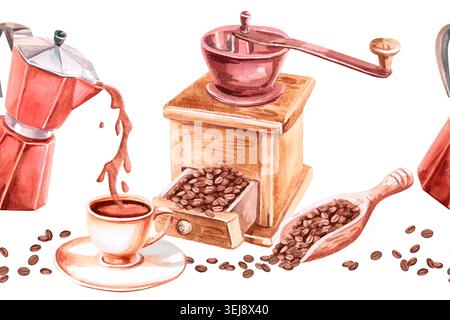 Nahtloser Rand mit Kaffeemaschine zum Ausgießen von Kaffee, einer Schaufel und einer Kaffeemühle. Isolierte Aquarellillustration für das Innere des Restaurants Stockfoto