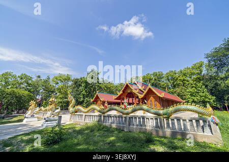 Dok Kham Tai, Phayao, Thailand - 28. Mai 2026: Wat Chaloem Phra Kiat (Wat San Pa Fang), mit Nagas gesäumte Treppe und Holzhalle unter Bäumen. Stockfoto